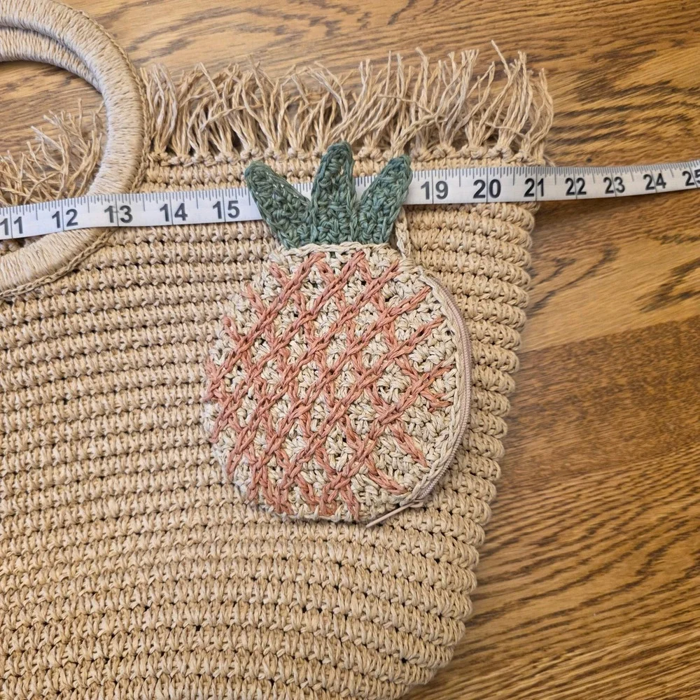 2pc Liz Claiborne Woven Straw Tote Bag Pineapple Fringed Beach Resort Coin Purse